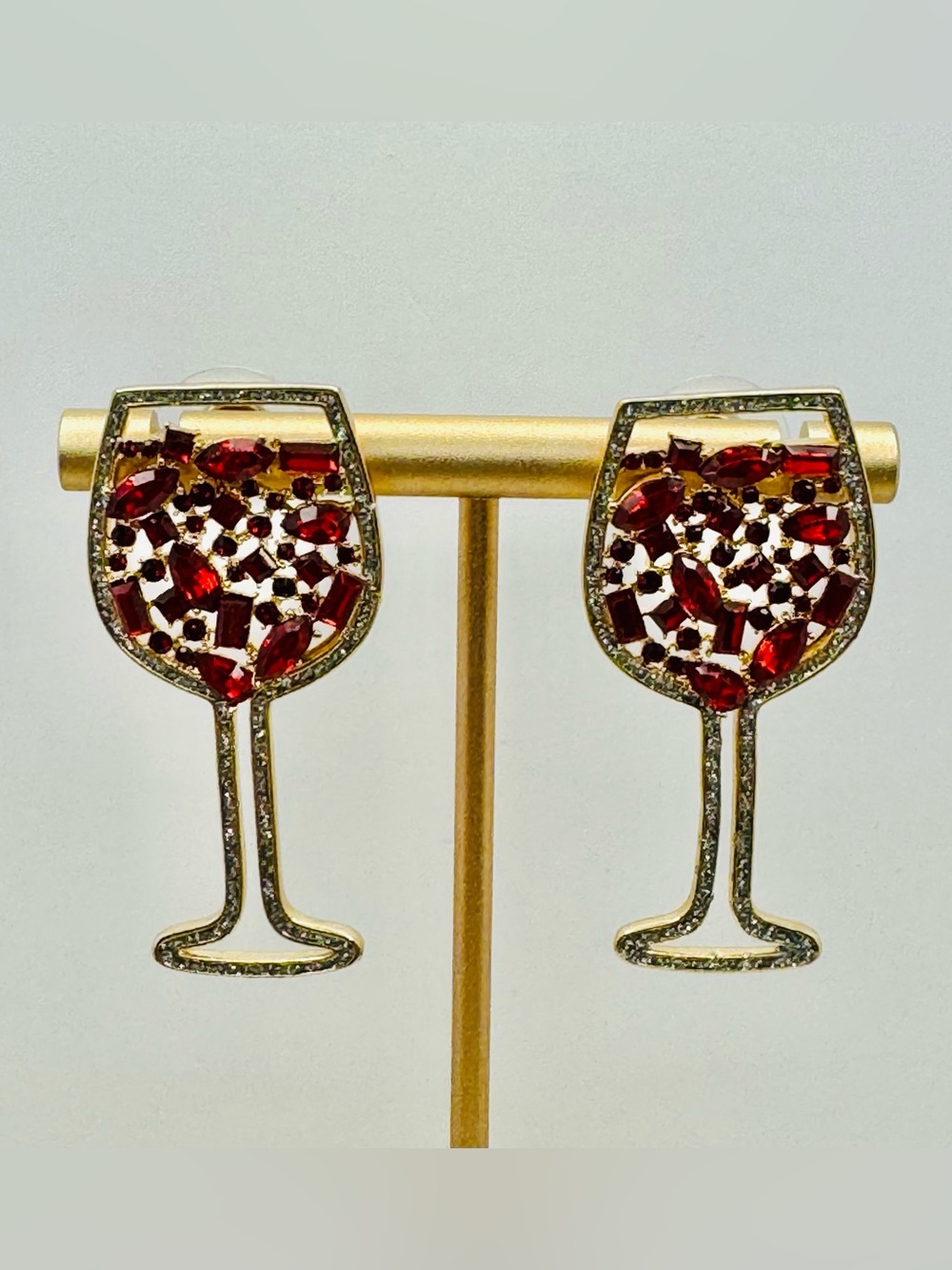 Gold-Tone Wine Glass Earrings with Red Crystal Accents